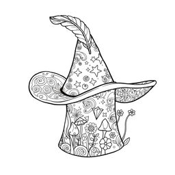 A delightful coloring page illustration featuring a single magical hat from a whimsical fantasy world