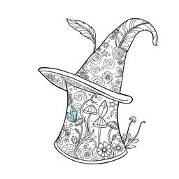 A delightful coloring page illustration featuring a single magical hat from a whimsical fantasy world