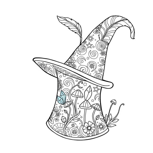 A delightful coloring page illustration featuring a single magical hat from a whimsical fantasy world