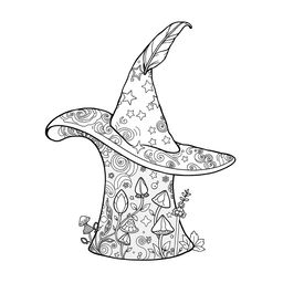 A delightful coloring page illustration featuring a single magical hat from a whimsical fantasy world