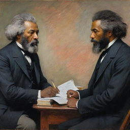 In Claude Monet's impressionistic style, portray Frederick Douglass in deep debate with another person. The energetic exchange is highlighted with vibrant strokes, facial expressions, and body language that communicates the fervor of their discussion.