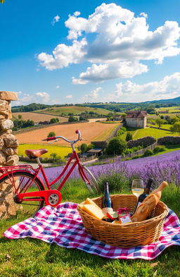 A picturesque French countryside adventure, featuring a vibrant landscape with rolling hills, fields of lavender, and a rustic farmhouse in the background