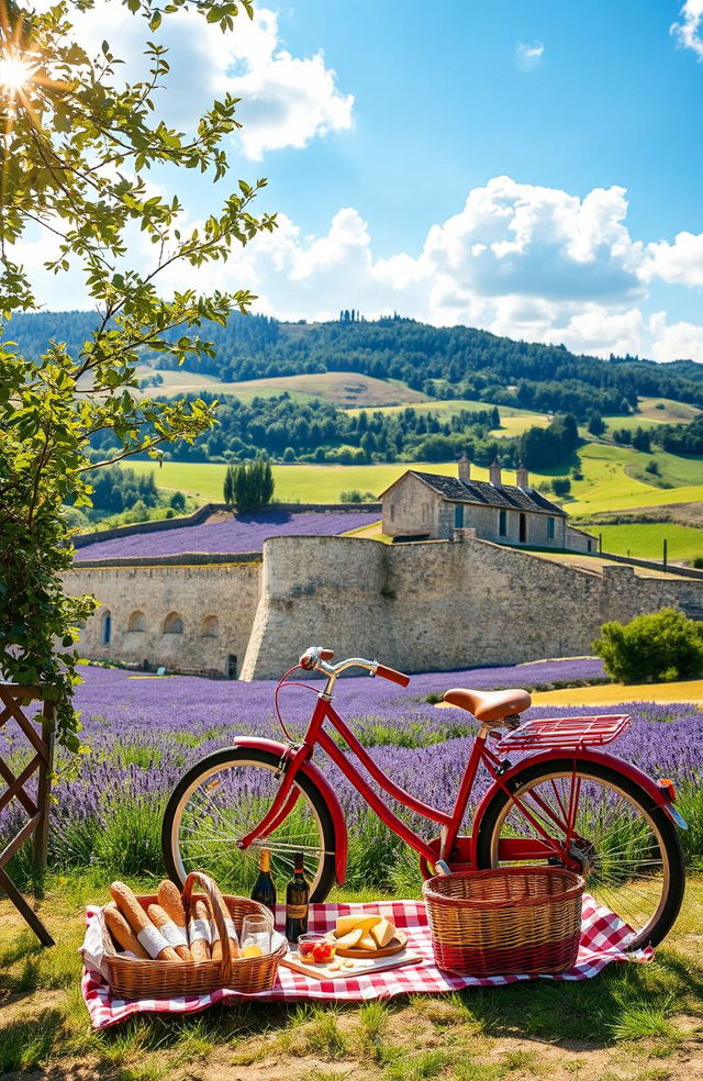 A picturesque French countryside adventure, featuring a vibrant landscape with rolling hills, fields of lavender, and a rustic farmhouse in the background