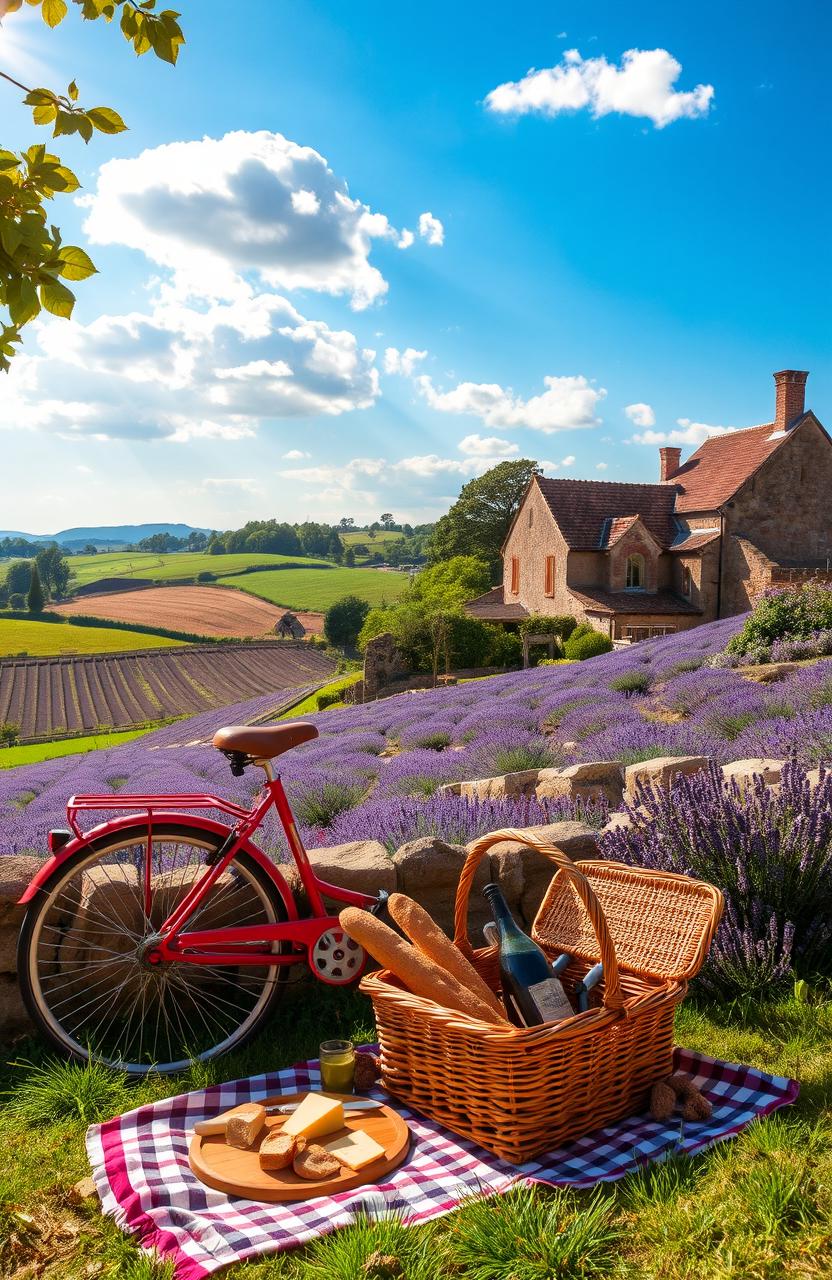 A picturesque French countryside adventure, featuring a vibrant landscape with rolling hills, fields of lavender, and a rustic farmhouse in the background