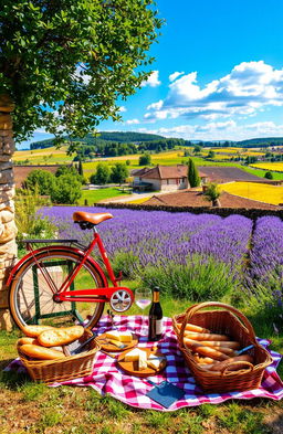 A picturesque French countryside adventure, featuring a vibrant landscape with rolling hills, fields of lavender, and a rustic farmhouse in the background