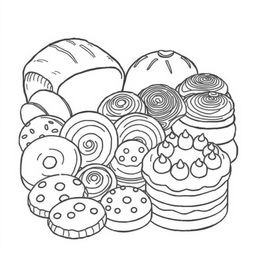 A delightful coloring page illustration featuring an array of homemade baked goods, showcasing a variety of delicious items such as a freshly baked loaf of bread with a crusty top, elegantly decorated pastries with swirls of icing, an assortment of cookies featuring patterns like chocolate chips and sprinkles, and a beautifully layered cake topped with intricate frosting designs