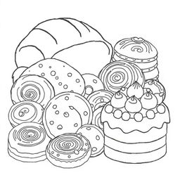 A delightful coloring page illustration featuring an array of homemade baked goods, showcasing a variety of delicious items such as a freshly baked loaf of bread with a crusty top, elegantly decorated pastries with swirls of icing, an assortment of cookies featuring patterns like chocolate chips and sprinkles, and a beautifully layered cake topped with intricate frosting designs
