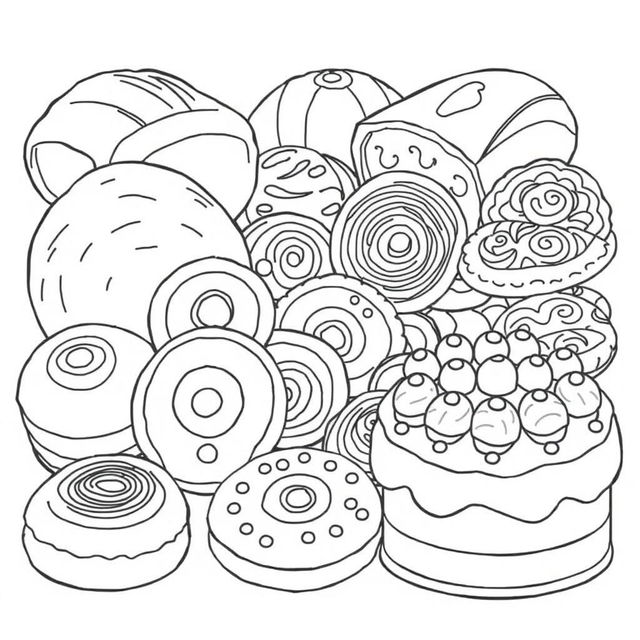 A delightful coloring page illustration featuring an array of homemade baked goods, showcasing a variety of delicious items such as a freshly baked loaf of bread with a crusty top, elegantly decorated pastries with swirls of icing, an assortment of cookies featuring patterns like chocolate chips and sprinkles, and a beautifully layered cake topped with intricate frosting designs