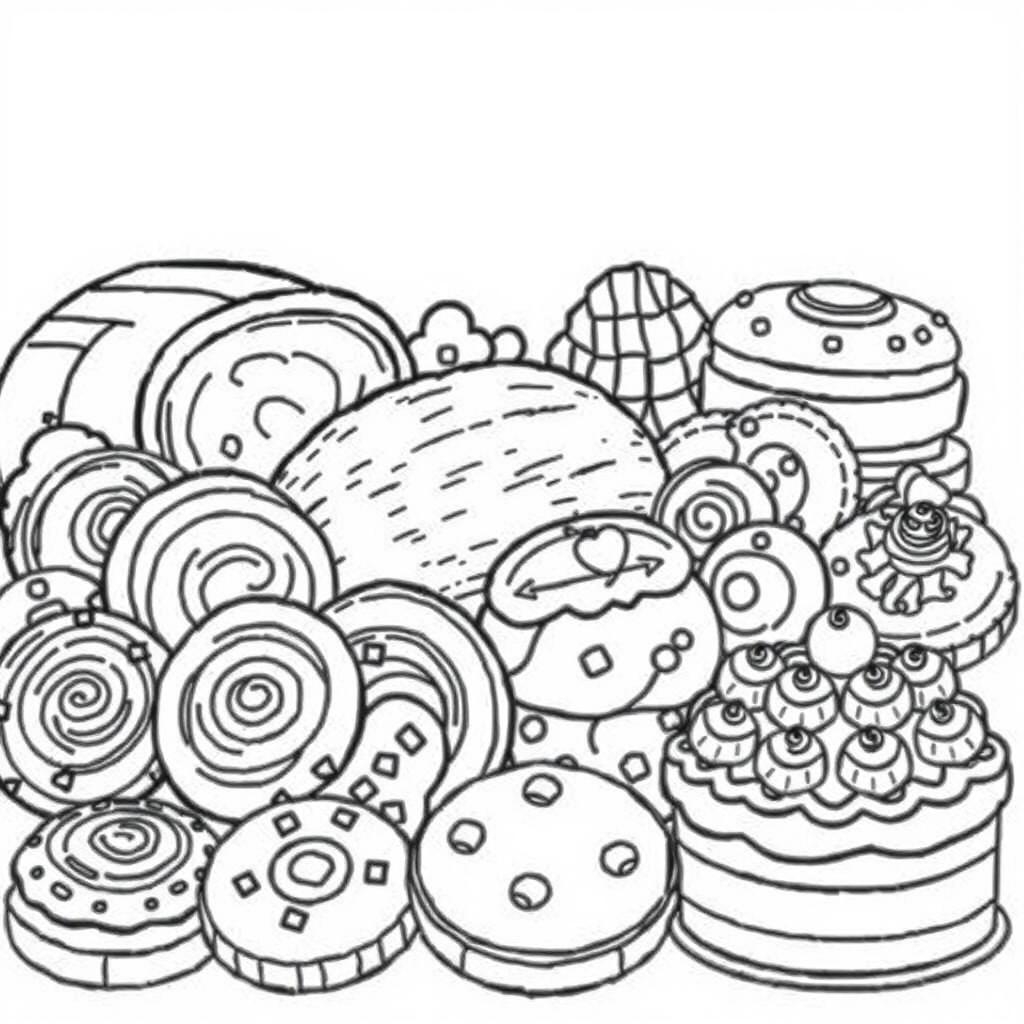 A delightful coloring page illustration featuring an array of homemade baked goods, showcasing a variety of delicious items such as a freshly baked loaf of bread with a crusty top, elegantly decorated pastries with swirls of icing, an assortment of cookies featuring patterns like chocolate chips and sprinkles, and a beautifully layered cake topped with intricate frosting designs