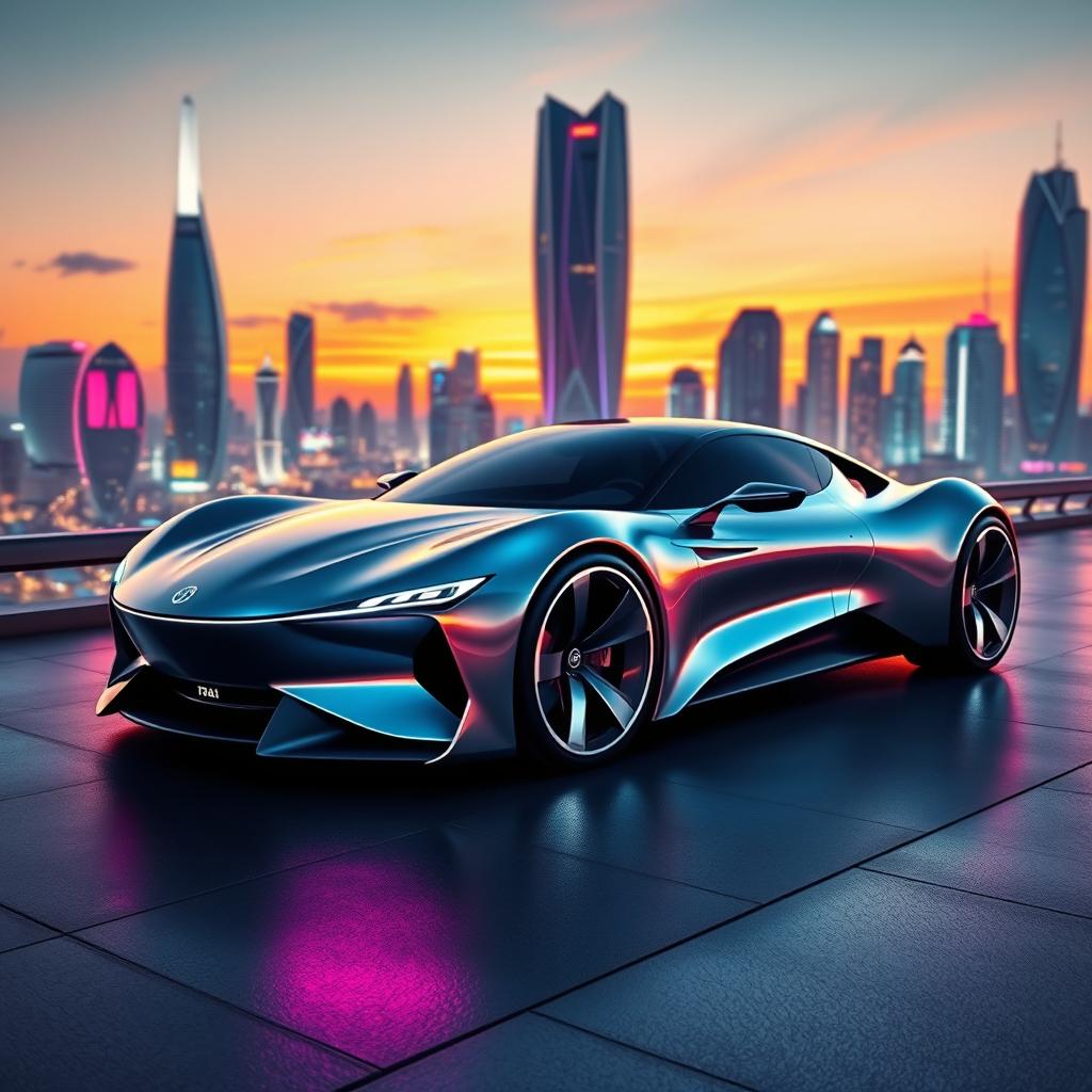 Futuristic concept car, sleek and aerodynamic design, featuring a metallic body with a reflective surface, LED headlights, and innovative wheel designs