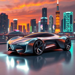 Futuristic concept car, sleek and aerodynamic design, featuring a metallic body with a reflective surface, LED headlights, and innovative wheel designs