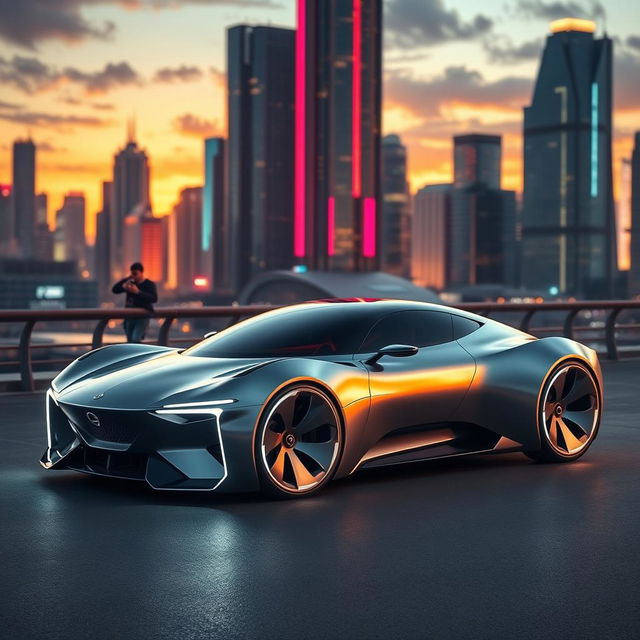 Futuristic concept car, sleek and aerodynamic design, featuring a metallic body with a reflective surface, LED headlights, and innovative wheel designs