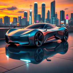 Futuristic concept car, sleek and aerodynamic design, featuring a metallic body with a reflective surface, LED headlights, and innovative wheel designs