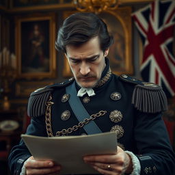 A somber portrait of King Charles III of Britain, showcasing his deep sadness while performing his royal duties
