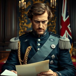 A somber portrait of King Charles III of Britain, showcasing his deep sadness while performing his royal duties