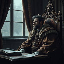A melancholic portrayal of a sad king during the performance of his royal duties