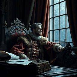 A melancholic portrayal of a sad king during the performance of his royal duties