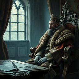 A melancholic portrayal of a sad king during the performance of his royal duties