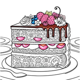 A beautifully detailed coloring page illustration featuring a slice of cake, showcasing its delightful layers and textures