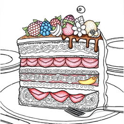 A beautifully detailed coloring page illustration featuring a slice of cake, showcasing its delightful layers and textures