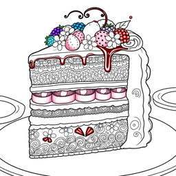 A beautifully detailed coloring page illustration featuring a slice of cake, showcasing its delightful layers and textures