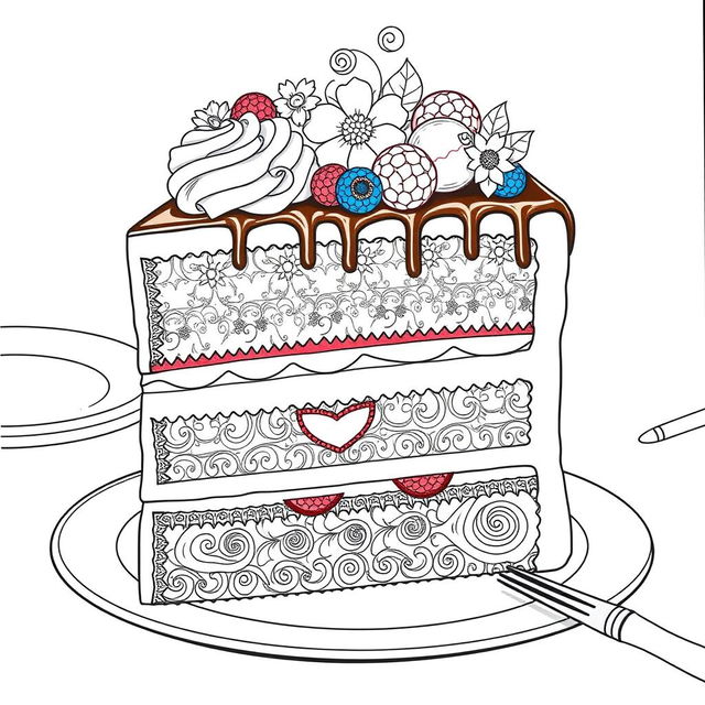 A beautifully detailed coloring page illustration featuring a slice of cake, showcasing its delightful layers and textures