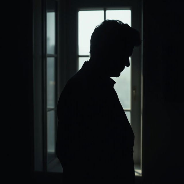 A mysterious silhouette profile of a sophisticated 60-year-old Caucasian man with black hair, standing in a dark room next to a window