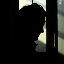 A mysterious silhouette profile of a sophisticated 60-year-old Caucasian man with black hair, standing in a dark room next to a window