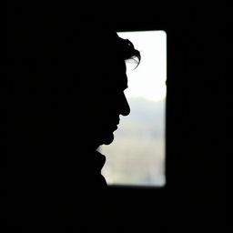 A mysterious silhouette profile of a sophisticated 60-year-old Caucasian man with black hair, standing in a dark room next to a window