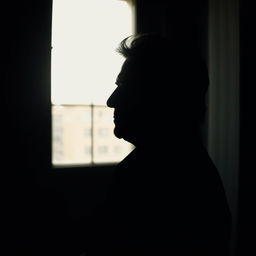 A mysterious silhouette profile of a sophisticated 60-year-old Caucasian man with black hair, standing in a dark room next to a window