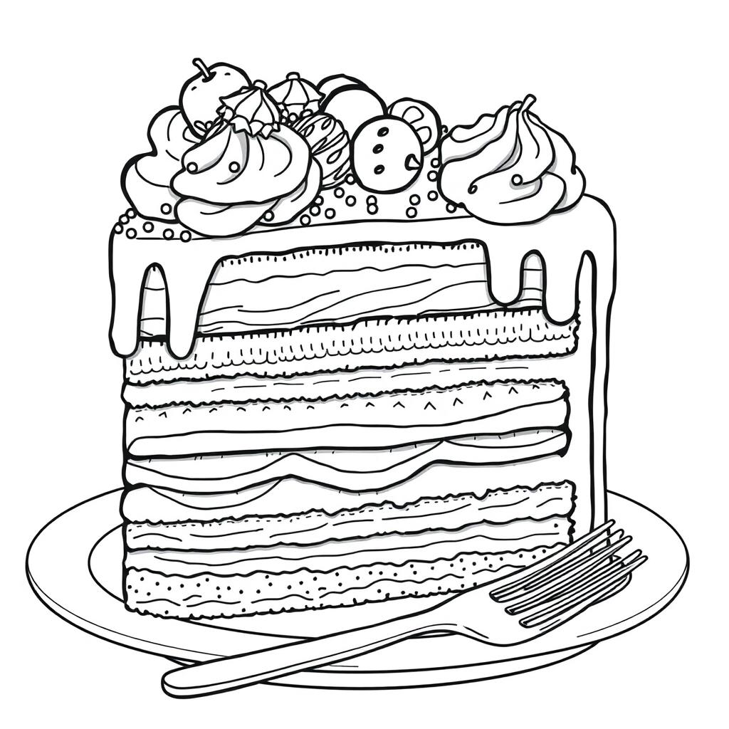 A captivating black-and-white coloring page illustration of a slice of cake, featuring maximum clarity and intricate details