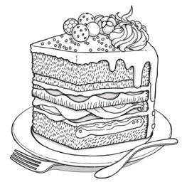 A captivating black-and-white coloring page illustration of a slice of cake, featuring maximum clarity and intricate details