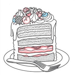 A captivating black-and-white coloring page illustration of a slice of cake, featuring maximum clarity and intricate details