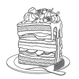 A captivating black-and-white coloring page illustration of a slice of cake, featuring maximum clarity and intricate details