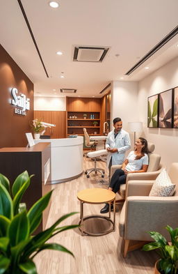 A modern, inviting dental office named 'SaiJai Dental' featuring a sleek reception area with contemporary furnishings, bright and cheerful colors, and a warm welcoming atmosphere