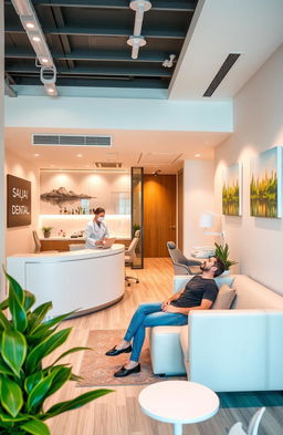 A modern, inviting dental office named 'SaiJai Dental' featuring a sleek reception area with contemporary furnishings, bright and cheerful colors, and a warm welcoming atmosphere