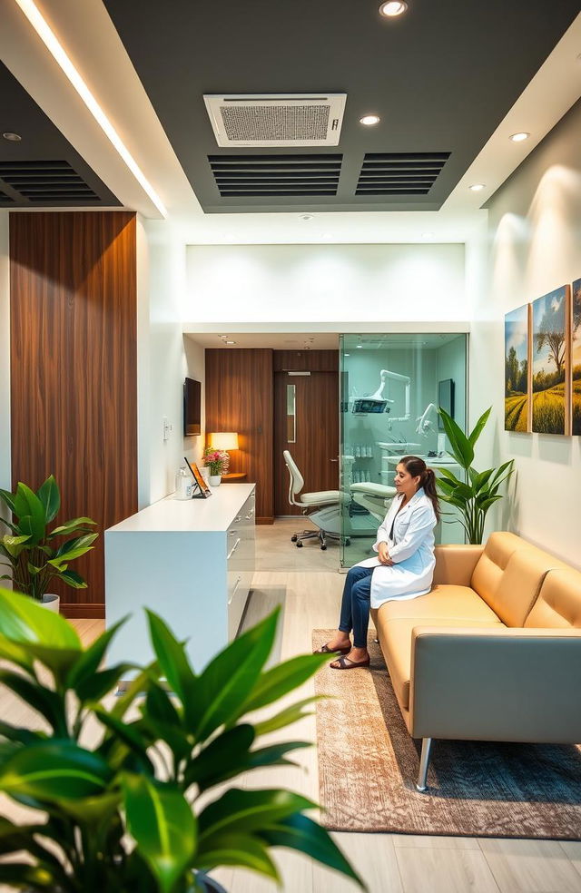 A modern, inviting dental office named 'SaiJai Dental' featuring a sleek reception area with contemporary furnishings, bright and cheerful colors, and a warm welcoming atmosphere