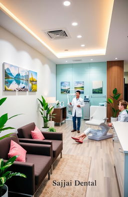 A modern, inviting dental office named 'SaiJai Dental' featuring a sleek reception area with contemporary furnishings, bright and cheerful colors, and a warm welcoming atmosphere