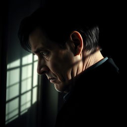 A mysterious profile of a sophisticated 60-year-old Caucasian man with black hair, captured in a dark room next to a window