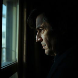 A mysterious profile of a sophisticated 60-year-old Caucasian man with black hair, captured in a dark room next to a window