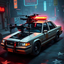A 1993 Crown Victoria police car, featuring a sleek low-profile LED light bar atop the roof, custom black wheels that enhance its rugged look
