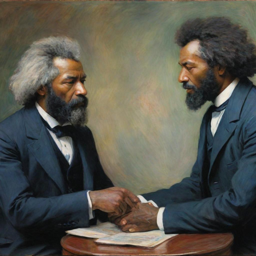 Depict Frederick Douglass in an impassioned debate with a Caucasian man, artistically rendered in Claude Monet's impressionist style. The intensity of their conversation and respective viewpoints are captured in bold, vibrant strokes and dynamic facial expressions.