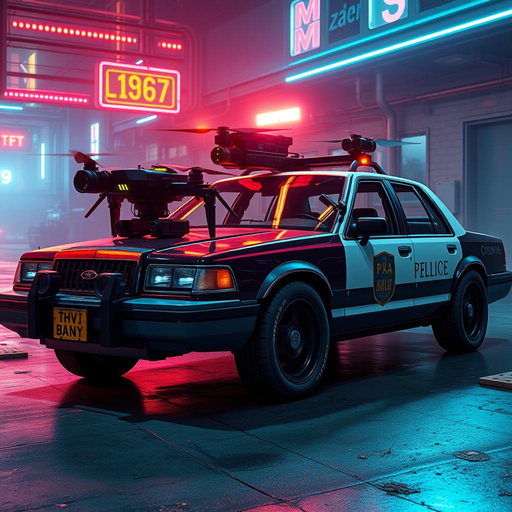 A 1993 Crown Victoria police car, featuring a sleek low-profile LED light bar atop the roof, custom black wheels that enhance its rugged look