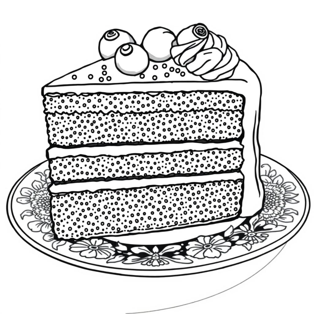 A black-and-white coloring page illustration of a delicious slice of cake, featuring intricate details for coloring