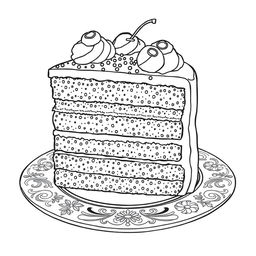 A black-and-white coloring page illustration of a delicious slice of cake, featuring intricate details for coloring