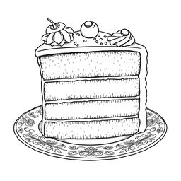 A black-and-white coloring page illustration of a delicious slice of cake, featuring intricate details for coloring