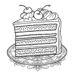 A black-and-white coloring page illustration of a delicious slice of cake, featuring intricate details for coloring