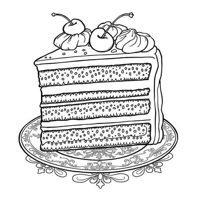 A black-and-white coloring page illustration of a delicious slice of cake, featuring intricate details for coloring