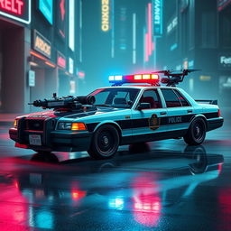 A 1993 Crown Victoria police car designed in a striking and futuristic cyberpunk art style