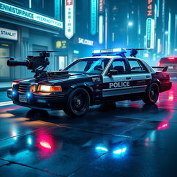 A 1993 Crown Victoria police car designed in a striking and futuristic cyberpunk art style